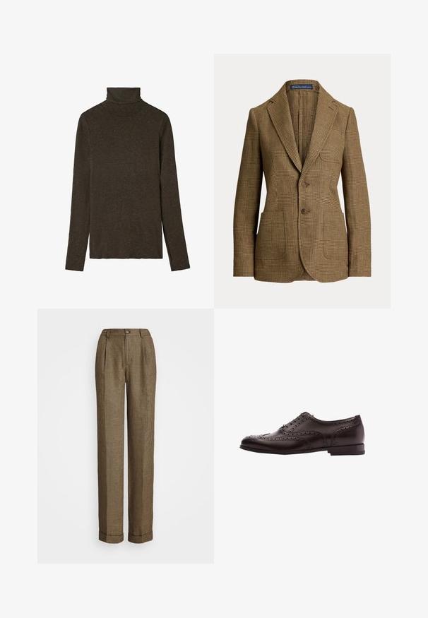 Brun ternet blazer med kløftede revers, to forreste knapper, tre lommer og en Polo by Ralph Lauren label inde i kraven.; Mørkebrunt turtleneck top lavet af blød, struktureret stof. Har lange ærmer og en tætsiddende pasform, med en glat halsudskæring.; Brune og sorte houndstooth mønsterbukser med en lige design, pyntedetaljer og en knaplukning i taljen.; Brune læder dress sko med brogue-detaljer, snørebånds lukning, rund tå og en lav stablet hæl. Poleret finish og indviklede perforeringer.
