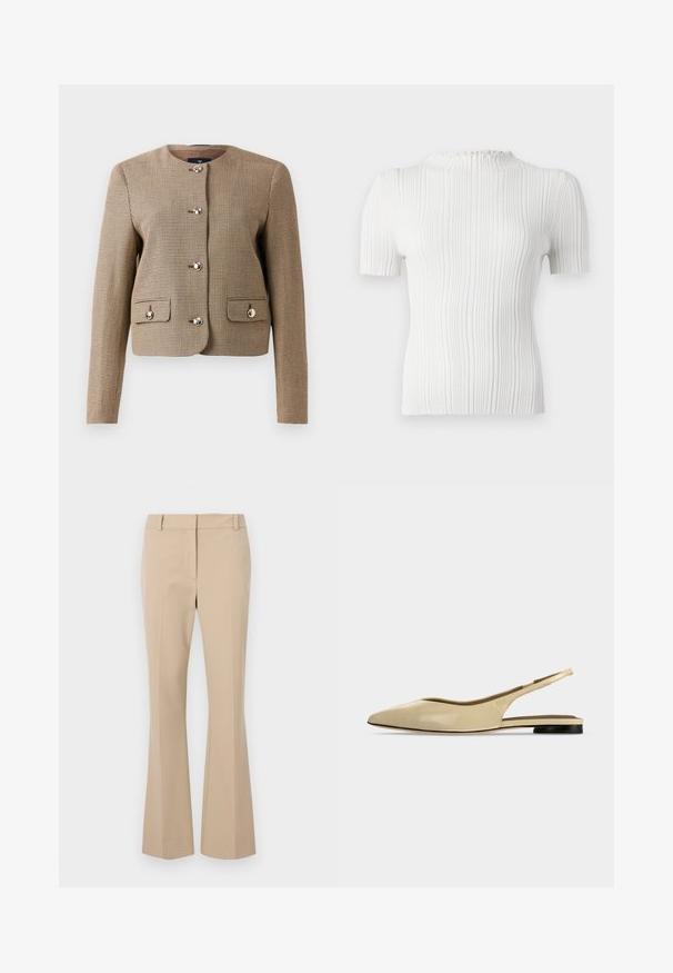 Kravejacket i brunt houndstooth-mønster med lange ærmer, fem skinnende knapper og to frontlommer med klap. Teksturstof med en skræddersyet pasform.; Hvid ribbet kortærmet top med høj hals og tekstureret finish. Har subtile lodrette linjer og en tætsiddende silhuet.; Beige skræddersyede bukser med lige pasform, der har en glat front, bæltestropper og en jævn tekstur. Ingen synlige lommer eller mønstre.; Beige spids tå slingback flad sko med lav sort hæl og en glat læderfinish, vist fra siden på en ensfarvet baggrund.