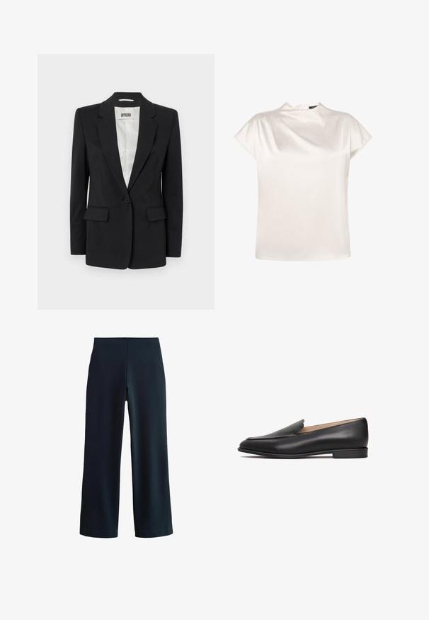 DRYKORN ATLIN - Blazer - black; zero Bluse - eggnog; Marineblå bredbenede bukser med lodrette striber, der har en høj talje, glat stof og skræddersyet design. Ingen synlige lukninger.; Sort lædersko med lavprofil, rund tå og diskret tekstur. Glat finish, minimale detaljer og flad sål.