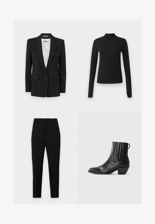 DRYKORN ATLIN - Blazer - black; Zwart aansluitend shirt met lange mouwen en nepkraag, weergegeven op een effen lichtgrijze achtergrond.; Zwarte broeken met een getailleerde pasvorm, voorzien van zijzakken, een gladde textuur en een slank ontwerp dat naar de enkels toe tapsert.; Zwarte leren enkellaars met elastische zijkanten, een spitse neus en een blokhak. De gladde textuur en het slanke ontwerp benadrukken de moderne stijl.