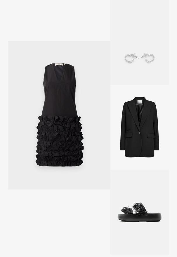 Blazer negro a medida, hecho de una tela suave, con solapa de muesca, cierre de un solo botón y dos bolsillos delanteros con ribete plano.; Vestido negro sin mangas con escote en V y un diseño de tejido con volantes en la cintura, parte superior lisa que contrasta con la parte inferior texturizada.; Sandalia negra tipo slide con suela gruesa y dos tiras superiores con detalles intrincados de flecos en bucle.; Pendientes en forma de corazón hechos de metal en tono plateado, con una fila de rhinestones rectangulares claros a lo largo de los bordes.