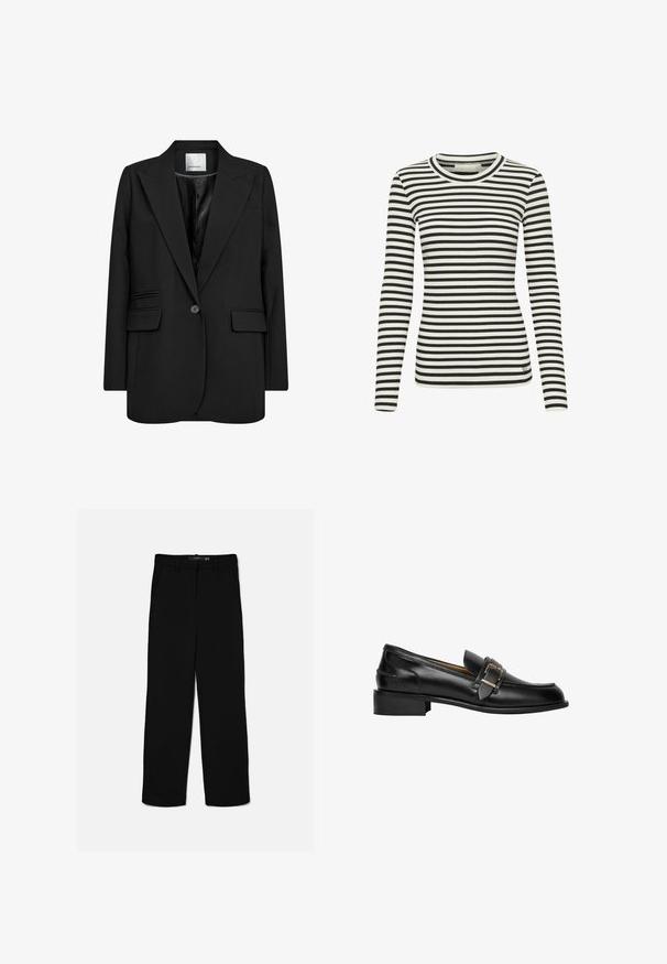 Blazer negro a medida, hecho de una tela suave, con solapa de muesca, cierre de un solo botón y dos bolsillos delanteros con ribete plano.; Camisa de manga larga a rayas blancas y negras con una textura acanalada y un escote redondo. Presenta un pequeño logo en la parte inferior delantera.; Pantalones negros de corte recto con trabillas, cremallera frontal y bolsillos laterales, colocados planos sobre un fondo claro.; Mocasin negro de cuero con tacón bajo de bloque y una correa decorativa con hebilla dorada en la parte delantera.