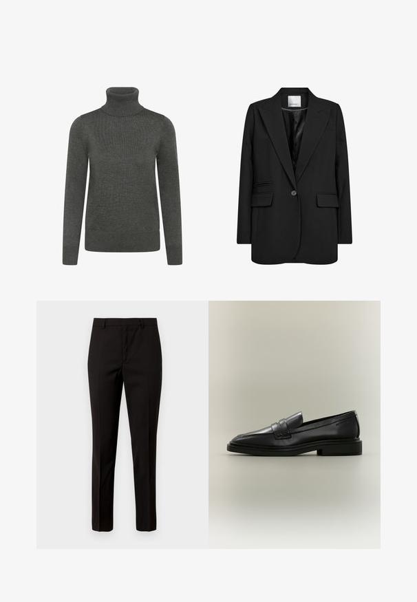 Blazer noir ajusté, fabriqué en tissu lisse, avec un col cranté, fermeture à un seul bouton et deux poches avant avec finition plate.; Pull à col roulé gris foncé en tissu tricoté, avec des manches longues, un col et des poignets côtelés, et une texture lisse.; Pantalons noirs ajustés avec une coupe droite, fabriqués en tissu lisse, dotés d'une taille plate et de passants de ceinture. Aucun motif ni accent visible.; Mocassin penny en cuir noir avec petit talon, bout arrondi et détails cousus sur fond neutre.