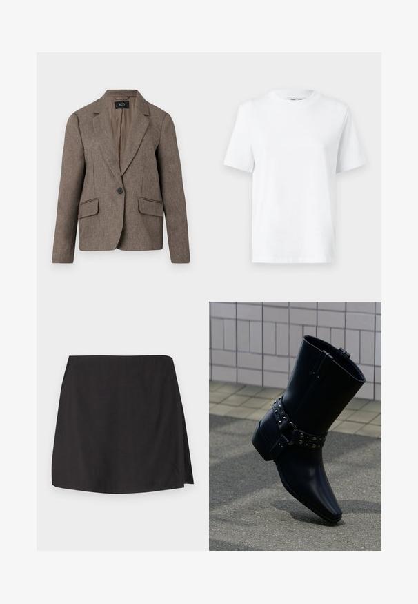Brauner maßgeschneiderter Blazer mit einem einzigen schwarzen Knopf, Reverskragen, zwei vorderen Klappentaschen und langen Ärmeln, vor einem weißen Hintergrund präsentiert.; Weißes Baumwoll-T-Shirt mit Rundhalsausschnitt, kurzärmlig und mit glatter Textur. Entworfen mit einer lockeren Passform für Komfort und Vielseitigkeit.; Schwarzer Rock aus glattem Stoff mit geradem Schnitt und einem Schlitz auf einer Seite. Einfaches Design ohne Muster oder Verzierungen.; Schwarzer Leder-Stiefelette mit spitz zulaufender Zehenpartie, Schnallenriemen mit silberfarbenen Nieten und klobigem Absatz. Glatte Textur mit minimalistischem Design.