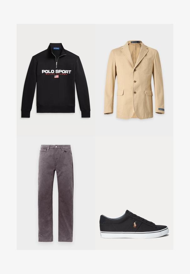Hellbrauner einreihiger Blazer mit drei Knöpfen, abgespreizten Revers, aufgesetzter Brusttasche, Pattentaschen an den Seiten und Polo Ralph Lauren Label am Ärmelbund.; Schwarzer Zip-Hoodie aus weichem Stoff mit großem weißen "POLO SPORT"-Logo, roten Akzenten und einer kleinen amerikanischen Flagge.; Braune Cordhosen mit geradem Bein, Vordertaschen und Gürtelschlaufen, gezeigt vor einem schlichten weißen Hintergrund.; Schwarzer Sneaker mit niedrigem Schaft, weißer Sohle und gesticktem Polospieler-Logo an der Seite, mit Schnürverschluss und strukturiertem Stoff-Obermaterial.