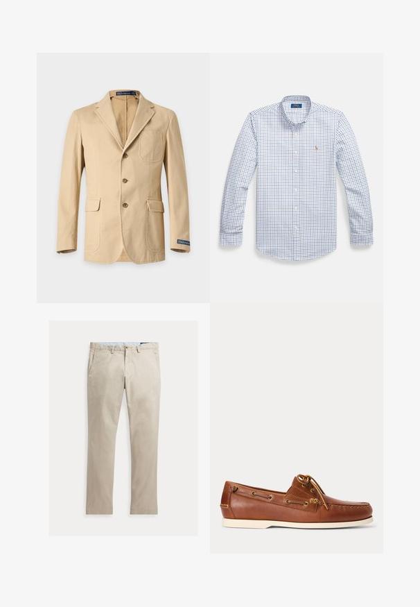 Blazer marrón claro de un solo botón con tres botones, solapas con muesca, bolsillo de parche en el pecho, bolsillos laterales con solapa y etiqueta Polo Ralph Lauren en el puño de la manga.; Camisa de hombre de manga larga con botones en blanco con un patrón de cuadros azules y rojos. Cuenta con cuello y un pequeño logo bordado en el pecho.; Pantalones de algodón beige de pierna recta con bolsillos delanteros, trabillas para cinturón, cierre de botón y cremallera, mostrados extendidos sobre un fondo blanco.; Zapato náutico de cuero marrón con suela blanca, cordones atados en la parte superior y ojales metálicos a lo largo de los lados y la costura delantera.