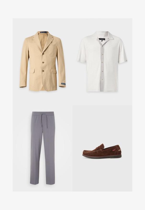 Blazer marrón claro de un solo botón con tres botones, solapas con muesca, bolsillo de parche en el pecho, bolsillos laterales con solapa y etiqueta Polo Ralph Lauren en el puño de la manga.; Polo de punto blanco de manga corta con tapeta con botones beige a contraste y pequeño cuello de rag & bone.; Pantalones grises, elásticos, con frente plano, cinturilla elástica y cordón, que presentan piernas rectas y una textura suave.; Mocasines de ante marrón con punta redondeada, con costuras decorativas a lo largo del borde y suela de goma. Presenta una pequeña etiqueta de la marca en el lateral.