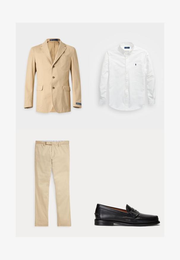 Blazer beige clair à simple boutonnage avec trois boutons, revers crantés, poche poitrine plaquée, poches latérales à rabat et étiquette Polo Ralph Lauren sur le poignet de la manche.; Chemise blanche à manches longues en coton. Dotée d'un col pointu, de longues manches et d'un petit logo navy sur la poitrine. Texture lisse.; Pantalon beige à jambes droites avec passants de ceinture et braguette zippée à l'avant, posé à plat sur un fond blanc.; Mocassin en cuir noir avec un petit talon et une bride penny, vu de côté sur un fond gris clair.