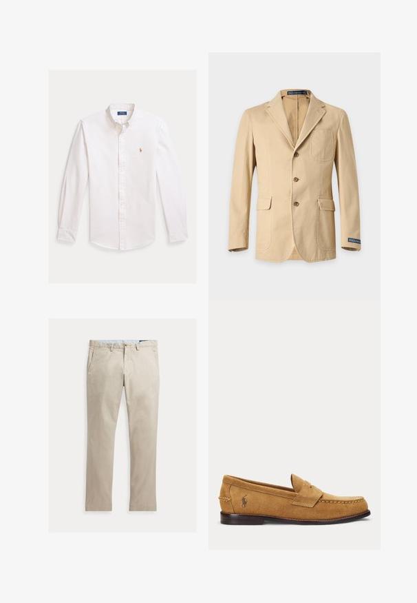 Blazer marrón claro de un solo botón con tres botones, solapas con muesca, bolsillo de parche en el pecho, bolsillos laterales con solapa y etiqueta Polo Ralph Lauren en el puño de la manga.; Camisa blanca de botones con rayas claras, mangas largas, cuello puntiagudo y logotipo bordado en el pecho. Material de algodón, textura suave.; Pantalones de algodón beige de pierna recta con bolsillos delanteros, trabillas para cinturón, cierre de botón y cremallera, mostrados extendidos sobre un fondo blanco.; Mocasín de ante color tostado con detalles cosidos y un pequeño logo bordado de caballo en el lateral, con un tacón bajo de madera y diseño sin cordones.