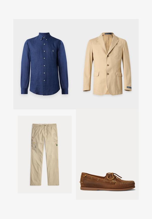 Tan ensfarvet enkeltbrettet blazer med tre knapper, notched revers, brystlomme med lap, sidelommer med klap og Polo Ralph Lauren mærke på ærmekanten.; Marineblå langærmet skjorte lavet af linned med en knap-ned krave, der har et lille logo og frontknaplukninger.; Beige bomuldsbukser med broderede motiver, herunder træer og bjerge, med knaplukning og bæltestropper.; Brun læder bådsko med mokasinsyning, snøredetalje træde gennem metaløjer og flad gummi sål vist fra siden.