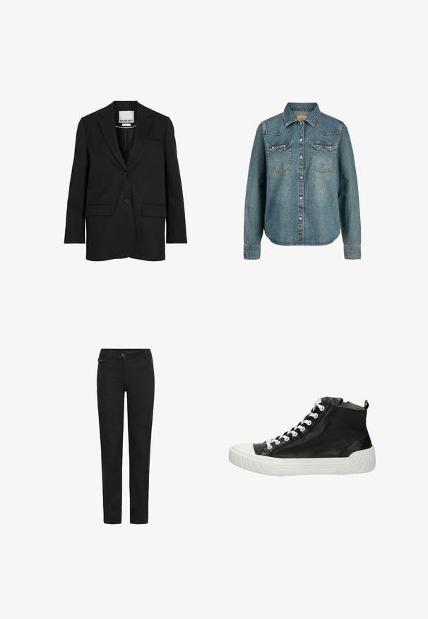 Sort skræddersyet blazer med hakkede revers, to knapper, klaplommer og en brystlomme med slids, mærket "ROUGE EDIT" inde i kraven.; Lys blå denim skjorte med knapper, der har to brystlommer, spidse kraver og stikninger langs sømme og manchetter.; Sorte lige bukser med knaplukning, bæltestropper og en lille klaplomme på højre side tæt på taljen.; Sort højhælet sneaker lavet af glat læder, med hvide snørebånd, gummisål med vandrette riller, og et rundt tådesign.