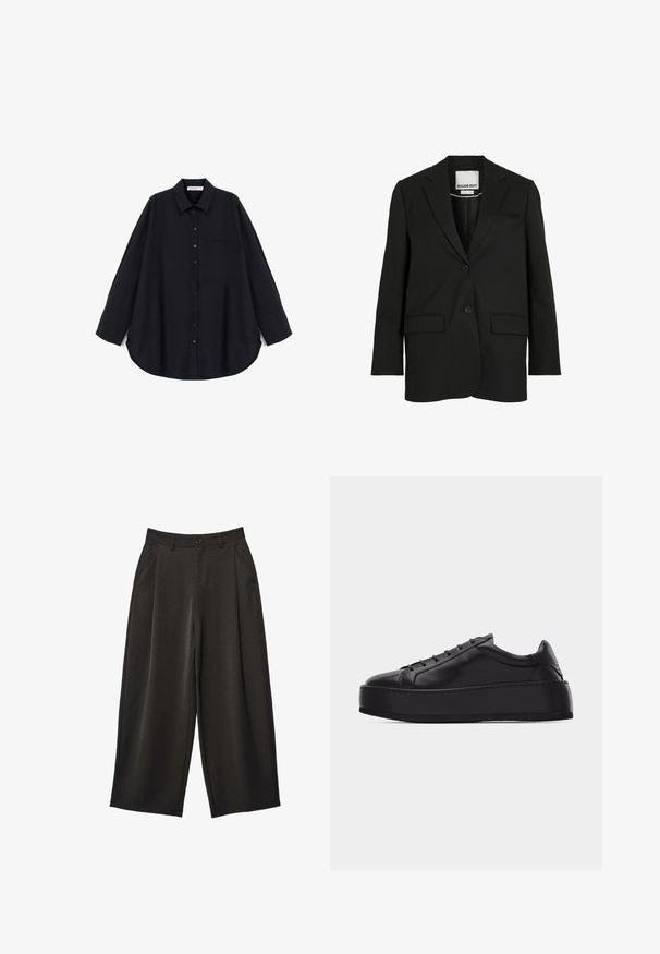 Veste noire cintrée avec revers crantés, deux boutons, poches à rabat et une poche poitrine passepoilée, étiquetée "ROUGE EDIT" à l'intérieur du col.; Chemise noire à boutons, fabriquée dans un tissu texturé. Dispose d'un col pointu, de manches longues, d'une poche poitrine et d'un ourlet arrondi.; Pantalon à jambes larges en tissu gris foncé, présentant une texture lisse, des plis à l'avant, des poches latérales inclinées et une fermeture à bouton à la taille.; Baskets basses en cuir noir avec semelle plateforme épaisse et fermeture à lacets, vues de profil gauche sur un fond uni.