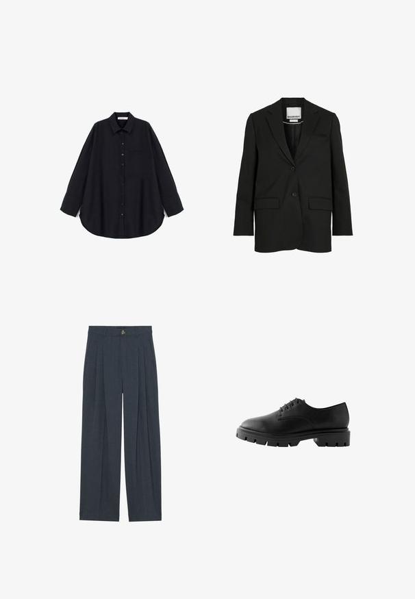Zwarte op maat gemaakte blazer met inkeping revers, twee knopen, klepzakken en een borstzakje, aan de binnenkant van de kraag gelabeld met "ROUGE EDIT".; Zwarte button-up shirt van een textuurstof. Heeft een puntige kraag, lange mouwen, een borstzak en een gebogen zoom.; Wijduitlopende broeken van gestructureerde donkergrijze stof, met voren geplooide details, een knoopsluiting en praktische zijzakken.; Zwarte leren schoen met een ronde neus, zes veterogen, platte veters en een stevige rubberen zool met diepe profielpatronen.