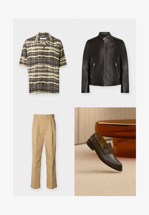 Veste en cuir noir avec col montant, fermeture éclair frontale, détail bouton-pression et deux poches zippées verticales sur fond clair.; Chemise pour homme à manches courtes, boutonnée, avec un motif à carreaux rayé horizontal marron et beige, col ouvert, sur fond uni.; Pantalon beige en coton lisse à taille haute, avec des plis à l'avant et des jambes droites. Aucun équipement visible ni motifs.; Mocassin en cuir marron foncé présenté en suspension au-dessus d’un tapis beige avec une table ronde en bois poli en arrière-plan.