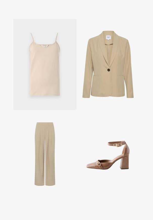 Beige blazer med sjalskrave, enkelt sort knaplukning, to frontlommer og lange ærmer. Glat stof med minimal tekstur.; Beige camisole-top med tynde spaghetti-stropper og en V-halsudskæring, lavet af blødt stof med en glat tekstur og en lige kant.; Beige bukser med høj talje og vide ben med forreste læg og glat, struktureret stof.; Brun patenteret læder højhælet sko med spidst tå, ankelstrop med en guldspænde og en blokhæle. Klassisk design med glat tekstur.