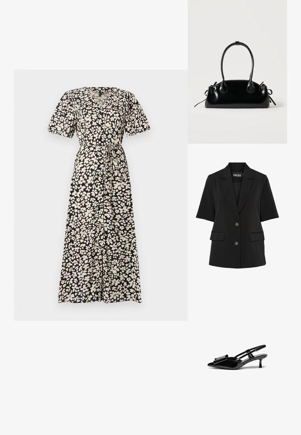 Pieces PCTEMPRE - Blazer - black; Maxikleid in Schwarz mit einem weißen Floralmuster, ausgestattet mit kurzen Puffärmel, einem V-Ausschnitt und einem Bindegürtel in der Taille.; Schwarze Lackleder-Slingbacks mit spitzer Zehenpartie, einer Schleifendetail an der Vorderseite und einem kleinen Stiletto-Absatz. Die Riemen haben verstellbare Schnallen.; Kleine schwarze glänzende Handtasche mit zwei langen Griffen und seitlichen Kordelzug-Details vor einfachem hellem Hintergrund.
