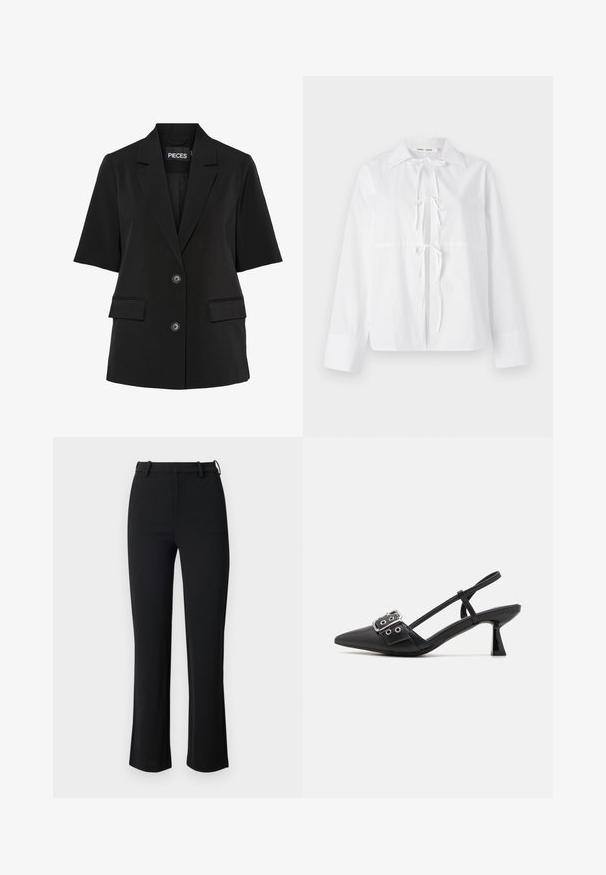 Pieces PCTEMPRE - Blazer - black; Weißes Langarmhemd aus glattem Stoff mit button-down Kragen, vorderem Krawattenverschluss und geknöpften Ärmeln. Einfaches und klares Design.; Schwarze Hose aus einem glatten, elastischen Stoff, mit einer taillierten Taille, Gürtelschlaufen und leicht ausgestellten Beinen mit seitlichen Schlitzen.; Simmi London DALA - Pumps - black