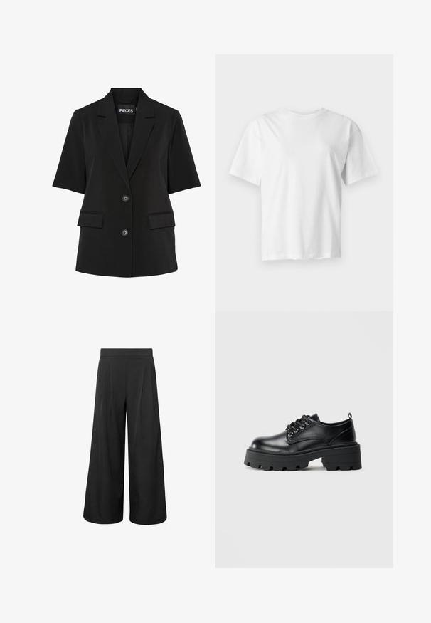Pieces PCTEMPRE - Blazer - black; Camiseta blanca lisa de manga corta con cuello redondo, mostrada plana sobre un fondo gris claro.; Pantalones negros de pierna ancha y talle alto, cortos, con pliegues delanteros y cintura ajustada, mostrados sobre un fondo blanco.; Zapatos de cuero negro con puntera redondeada, diseño de cordones y suela de goma gruesa con surcos profundos. Detalles de costura simple a lo largo de los bordes.