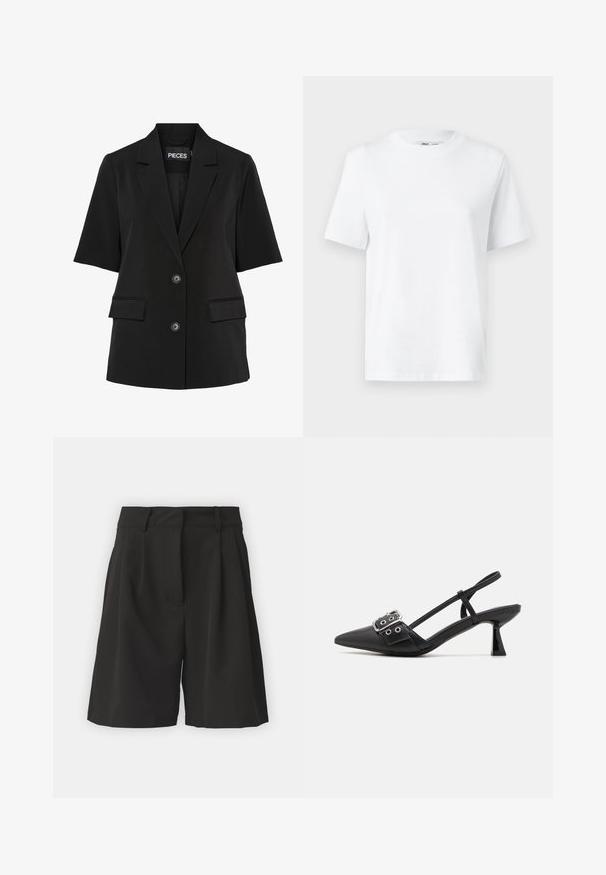 Pieces PCTEMPRE - Blazer - black; T-shirt en coton blanc à col rond, avec des manches courtes et une texture lisse. Conçu avec une coupe décontractée pour plus de confort et de polyvalence.; Shorts noirs au design sur mesure, avec des plis à l'avant, une taille large et une texture lisse. Pas de poches visibles.; Simmi London DALA - Escarpins - black