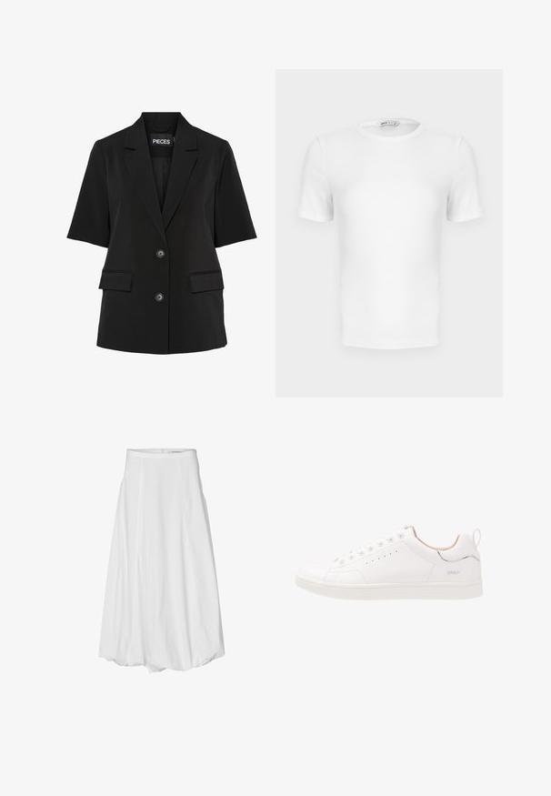 Pieces PCTEMPRE - Blazer - black; Camiseta blanca de manga corta con cuello redondo acanalado, corte ajustado y una pequeña etiqueta de la marca en el interior del cuello.; Falda blanca hasta la rodilla con un material de algodón suave, con pliegues, una cintura ajustada y un cierre de cremallera en la parte posterior.; Zapatilla de cuero blanco con punta redonda, seis ojales, detalles perforados, sutiles acentos de plástico y suela de goma texturizada.