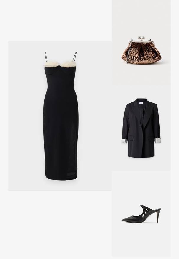 Sort lang blazer med ombuk på slagene, to forlommer med klapper og hvide manchetter med sorte lodrette striber, der er slået op.; Sort bodycon kjole med spaghetti stropper, der har et lag af hvid faux pels ved halsudskæringen og en sideslids. Glat, strækbart stof.; Sorte læder højhælede mules med spids tå, udskåret sideskærm og glat tekstur. Stiletthæl og subtil syning.; Rose guld palietteret clutch med et samlet stofdesign, sølv låselukning og en aftagelig kædestrop.