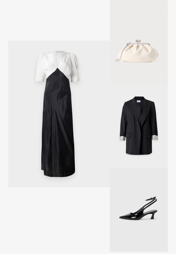 Zwarte lange blazer met ingesneden revers, twee voorzakken met kleppen en witte manchetten met zwarte verticale strepen omgeslagen.; Lang kleed met een witte satijnen lijfje en een zwarte satijnen rok, met pofmouwen en een diepe V-hals. Gladde textuur, elegante uitstraling.; Zwarte gepatineerde leren slingback hakken met een puntige neus, lage blokhak en een verstelbare enkelband met een gouden gespsluiting.; Crèmekleurige stoffen clutch met een geplooid ontwerp, een zilverkleurig metalen frame, twee decoratieve balletjes en een zilveren kettingriem.