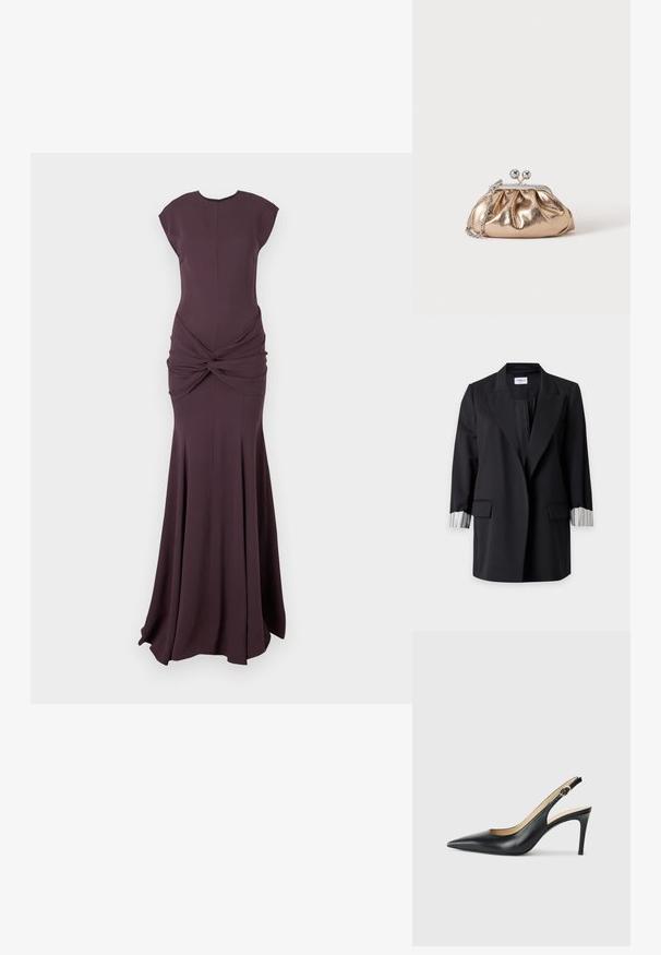 Black long blazer with notched lapels, two front flapped pockets, and white cuffs with black vertical stripes turned up.; Dark plum-colored sleeveless evening gown with a fitted bodice, knotted detail at the waist, and a flared floor-length skirt.; Black leather slingback high heels with a pointed toe, adjustable strap, and a sleek stiletto heel, featuring a smooth finish.; Small gold metallic clutch purse with silver clasp and chain strap on a plain light background.