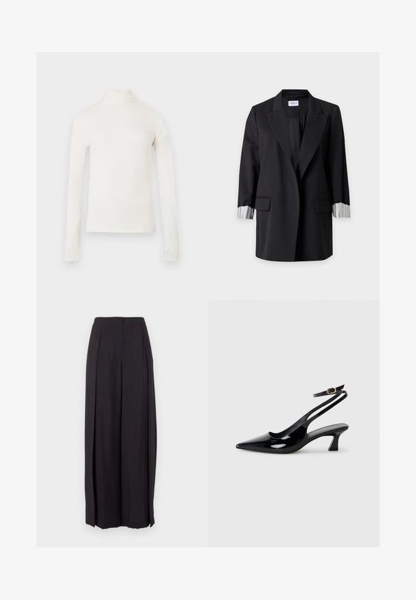 Long blazer noir avec revers crantés, deux poches avant à rabats et poignets blancs avec des rayures verticales noires retournés.; Top à col roulé à manches longues en blanc cassé, confectionné dans un tissu doux. Présente une coupe ajustée et un col montant. Texture lisse sans motifs.; Pantalon noir à taille haute et jambes larges avec un bouton frontal et une fermeture éclair dissimulée, doté de plis latéraux subtils.; Escarpins à brides arrière en cuir verni noir, à bout pointu, avec un petit talon carré et une sangle de cheville ajustable dotée d'une boucle dorée.