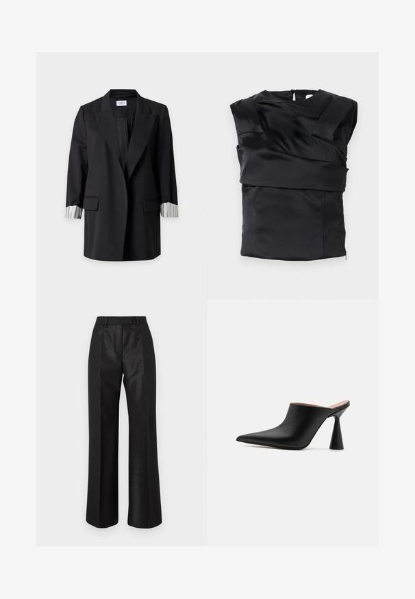 Long blazer noir avec revers crantés, deux poches avant à rabats et poignets blancs avec des rayures verticales noires retournés.; Top en satin noir avec un design structuré, des épaules larges et un panneau avant asymétrique, fermé par une fermeture éclair au dos.; Pantalon large noir avec une texture lisse, dotée d'un devant plat, de passants pour ceinture et de panneaux latéraux en satin contrastants.; Mules en cuir noir avec un bout pointu et un talon conique unique. Texture lisse et design minimaliste, à dos ouvert pour un enfilage facile.