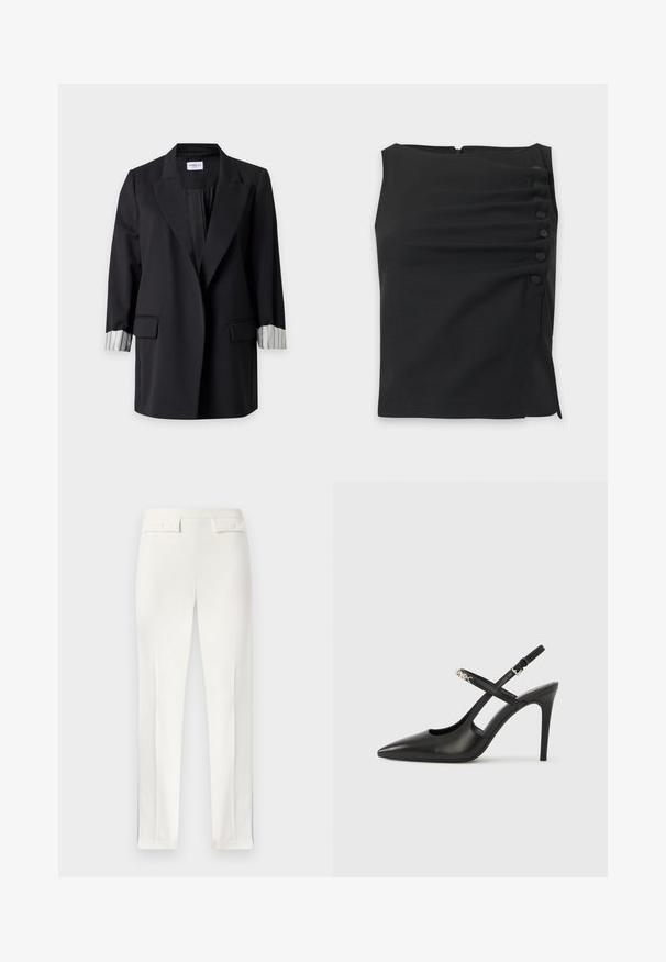 Long blazer noir avec revers crantés, deux poches avant à rabats et poignets blancs avec des rayures verticales noires retournés.; Blouse noire sans manches avec un col montant et six boutons recouverts de tissu disposés verticalement sur le côté droit.; Pantalon blanc pour femmes, cintré, avec pince avant et deux poches à rabat boutonnées sur la ceinture, présenté à plat.; Escarpins slingback en cuir noir avec bout pointu, design ajouré et bride ajustable ornée de ferrures métalliques.