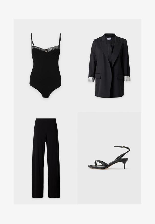 Long blazer noir avec revers crantés, deux poches avant à rabats et poignets blancs avec des rayures verticales noires retournés.; Bodysuit noir avec bretelles réglables, présentant une bordure en dentelle le long de l'encolure, une texture sans couture et une coupe ajustée.; Pantalon noir taille haute à jambes larges avec un devant lisse sans poches ni ornements visibles.; Sandale pour femme en cuir noir avec fines lanières, une boucle d'orteil, une boucle à la cheville et un talon aiguille de hauteur moyenne sur un fond neutre.