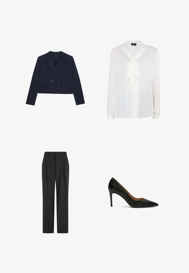 Marineblauw cropped dubbel-breasted blazer met witte streepjes, notch revers en voorzakken, weergegeven op een witte achtergrond.; Witte blouse met lange mouwen, gemaakt van een gladde stof. Heeft een striksluiting bij de hals, knopen aan de voorkant en een subtiele glans. Rechte zoom met manchetten.; Zwarte gestreepte broek met een hoge taille, geplooide voorkant en een recht, slim-fit ontwerp. De stof lijkt gestructureerd en is op maat gemaakt voor een formele uitstraling.; Zwarte leren hoge hakken met een spitse neus, een slank ontwerp en een gladde textuur. De hak is dun en verlengd.