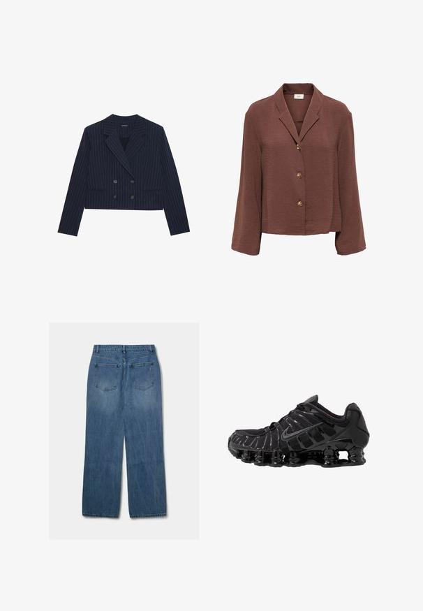 Mørkeblå cropped dobbeltbrystet blazer med hvide striber, klapkraver og forlommer, fremvist på hvid baggrund.; Brun tekstureret blazer med lange ærmer, reverskrave og tre gyldne knapper foran, kort pasform.; Blå denimjeans med et lige ben-design, der har to baglommer og en let falmet overflade. Standard talje med bæltestropper.; Sort atletisk sko med mesh-overdel og glatte overlays. Har buet spiralbøsningsdæmpning og strukturerede linjer på siden. Nike-logoet er synligt.