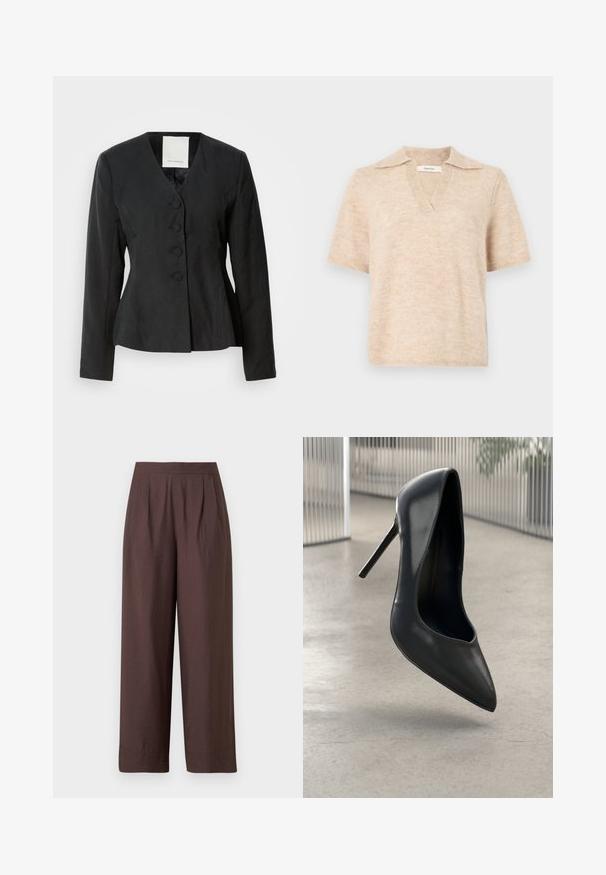 Blazer negro entallado con escote en V, mangas largas y cinco botones delanteros. Presenta una forma ajustada y una tela suave y texturizada.; Top de punto beige de manga corta con un cuello ancho y una abertura en V profunda, hecho de tela suave y texturizada.; Pantalones marrones de pierna ancha con cintura alta y pliegues sutiles en el frente, hechos de tela texturizada, mostrados contra un fondo blanco.; Zapato de tacón alto de cuero negro con punta afilada, diseño elegante y sin herrajes visibles. Textura suave y estilo minimalista.