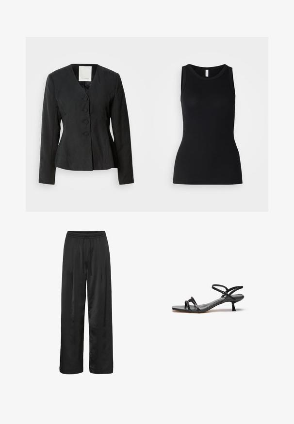 Sort skræddersyet blazer med V-udskæring, lange ærmer og fem knapper foran. Har en tætsiddende form og glat, tekstureret stof.; Sort ærmeløs tanktop lavet af ribbet stof, med rund halsudskæring og tætsiddende design, med en glat overflade og uden mønstre.; Sort brede bukser lavet af glat, skinnende stof. Har en elastisk talje med snoretræk for justerbar pasform.; Sorte lædersandaler med et slankt, minimalistisk design. Har to tynde remme og en lille, skrå hæl. Glat tekstur og åben tå.
