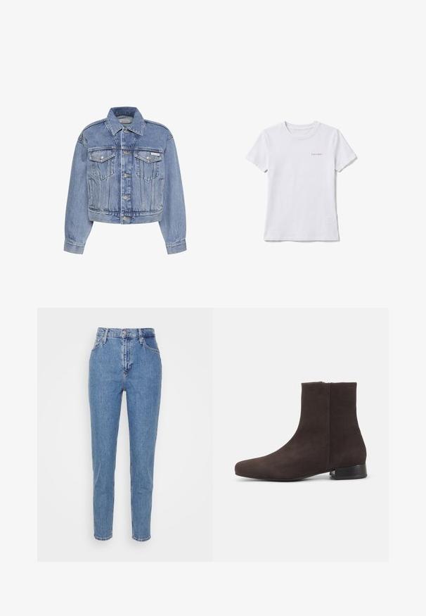 Blå denimjakke med knaplukning foran, to brystlommer med klap, sidelommer og et lille Calvin Klein-mærke på den venstre brystlomme.; Hvid T-shirt med korte ærmer og rund hals med lille "Calvin Klein" logo på øverste venstre bryst.; Blå højtaljede lige jeans med frontknap og lynlås, bæltestropper og lommer, præsenteret på en ensfarvet hvid baggrund.; Mørkebrun ruskind ankelstøvle med lav blokhæl og sidelås, slank rundet tå, på ensartet lys baggrund.