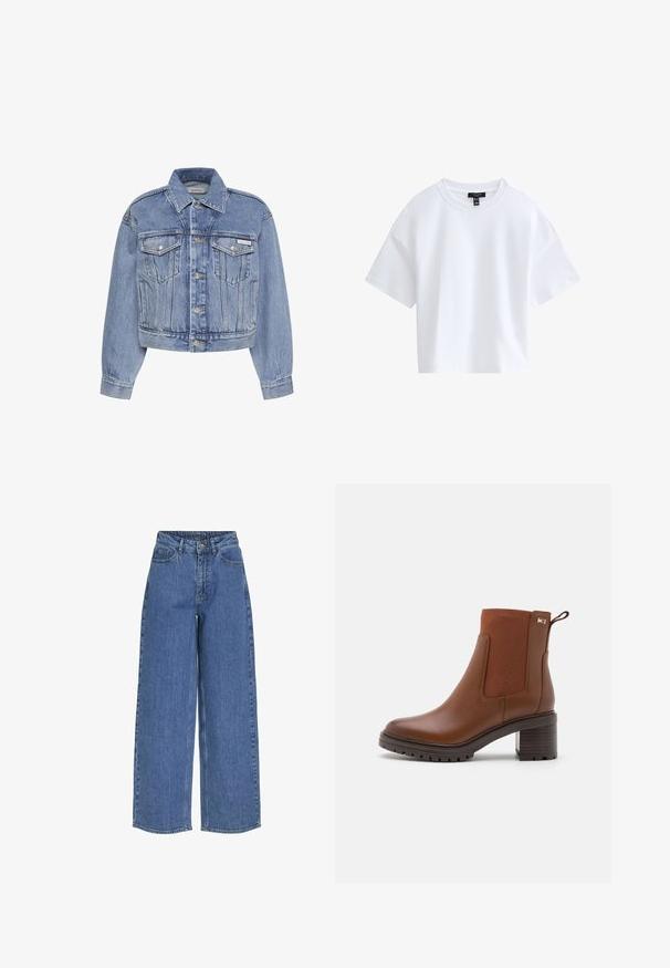 Chaqueta vaquera azul con cierre de botones en la parte delantera, dos bolsillos de solapa en el pecho, bolsillos laterales y una pequeña etiqueta de Calvin Klein en el bolsillo del pecho izquierdo.; Camiseta blanca sencilla de manga corta y corte cropped con escote redondo y etiqueta negra de la marca dentro del cuello.; Pantalones vaqueros de pernera ancha y cintura alta, fabricados en tejido de mezclilla. Incluye bolsillos frontales y un cierre de botón. Diseño clásico y casual.; Botín de cuero marrón hasta el tobillo con paneles laterales elásticos, suela de goma y tacón apilado. Cuenta con un lazo para facilitar el uso.