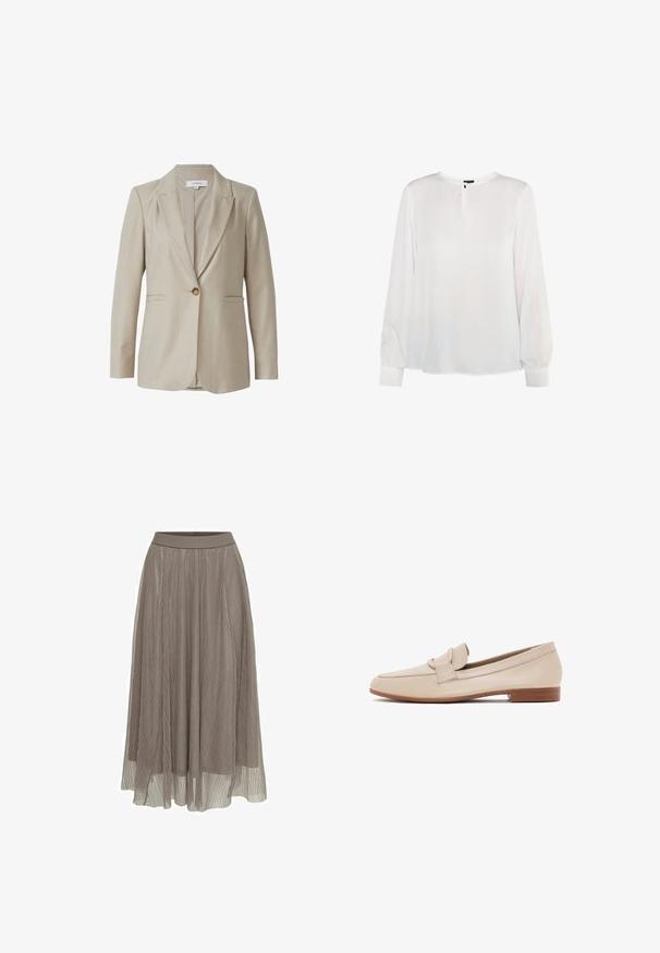 Blazer beige ajusté, avec revers à cran, fermeture à un bouton, deux poches avant, coupe ajustée, fabriqué à partir d'un tissu texturé.; Blouse blanche à manches longues avec encolure ronde et fermeture boutonnière en forme de goutte, avec manches à poignets et coupe ample.; Jupe maxi plissée en taupe, dotée d'une taille lisse et d'une silhouette fluide. Fabriquée en matériau léger et transparent avec une texture fine.; Mocassins en cuir beige avec une pointe arrondie, un talon plat et une bandoulière décorative. Texture lisse avec des détails de couture subtils le long des bords.