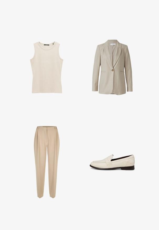 Beige op maat gemaakte blazer, met met een reverskraag, enkele knoopsluiting, twee voorzakken, aansluitende pasvorm, gemaakt van een gestructureerde stof.; Mouwloze lichtbeige ribgebreide tanktop met een ronde halslijn en een aansluitende pasvorm. Gemaakt van zacht katoen.; Beige op maat gemaakte broeken met riemlussen, rechte pijpen en een verborgen voorknopen, gepresenteerd op een witte achtergrond.; Witte leren instaploafer met een donkere zool, stikdetails en een band over de bovenzijde op een effen achtergrond.