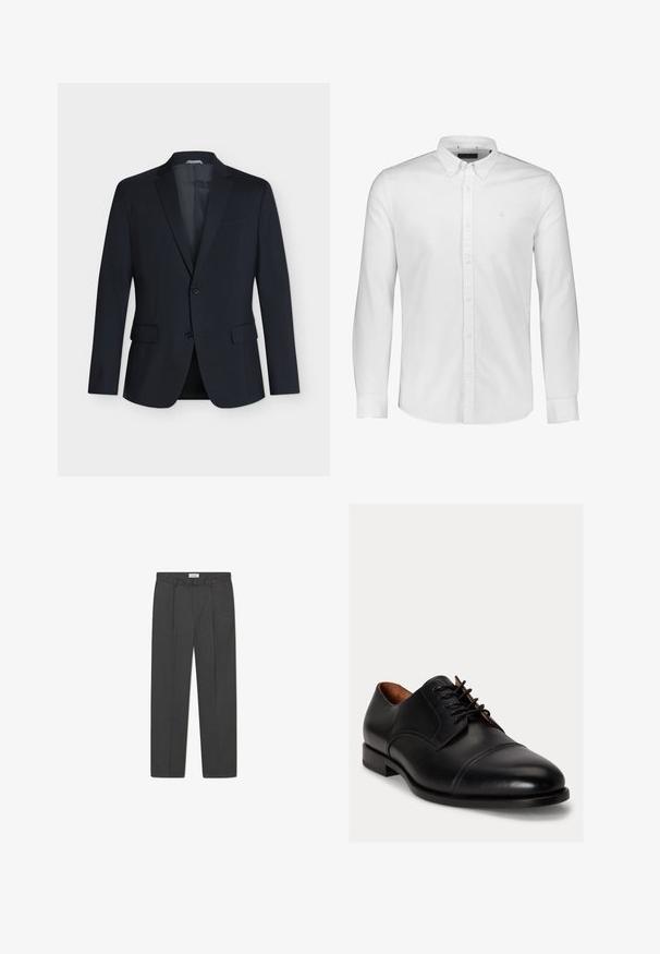 Blazer negro de un solo botón con dos botones, solapas con muesca, bolsillos con solapa y bolsillo en el pecho, mostrado sobre un fondo claro y sencillo.; Camisa blanca de algodón de manga larga con cuello tipo botón, botones frontales y un pequeño logo bordado en el lado izquierdo del pecho. Textura suave.; Pantalones grises a medida con un sutil patrón de cuadro, tejido texturizado y pliegues delanteros, presentando una cinturilla con pasadores para cinturón.; Zapato de vestir para hombre en cuero negro con cordones cerrados, puntera reforzada y tacón bajo sobre fondo liso y claro.