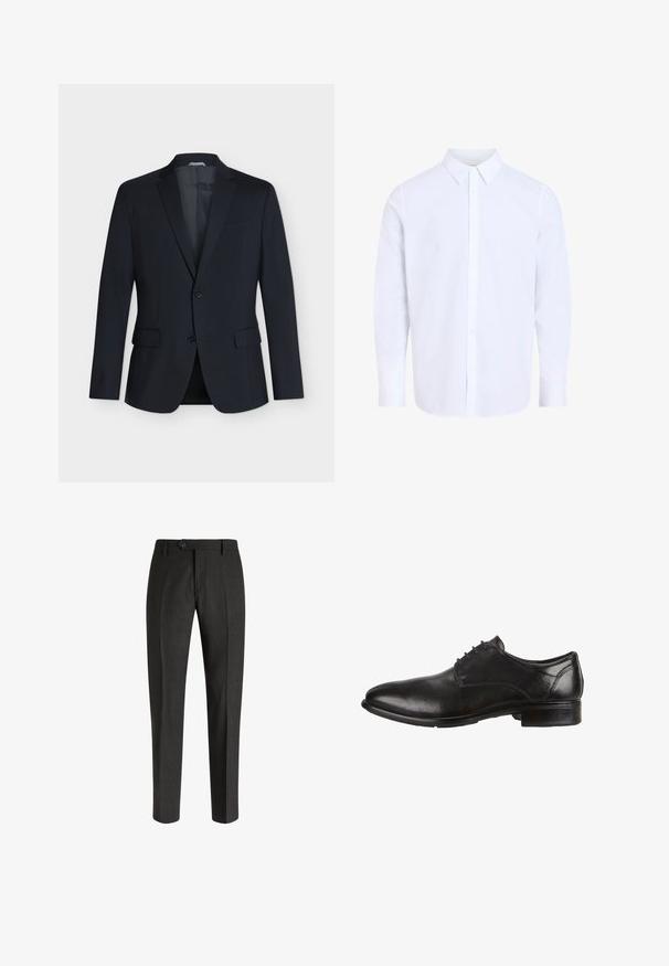 Zwarte enkelrijjige blazer met twee knopen, inkeping revers, klepzakken en borstzak, weergegeven op een effen lichte achtergrond.; Wit overhemd met lange mouwen en klassieke kraag, gemaakt van gladde stof, voorzien van een knoopsluiting aan de voorkant en een afgeronde zoom.; Boggi Milano Chino - charcoal; Zwarte leren dresschoenen met een gladde afwerking, ronde neus, vetersluiting en een lage gestapelde hak. Subtiele stikselaccenten zichtbaar.