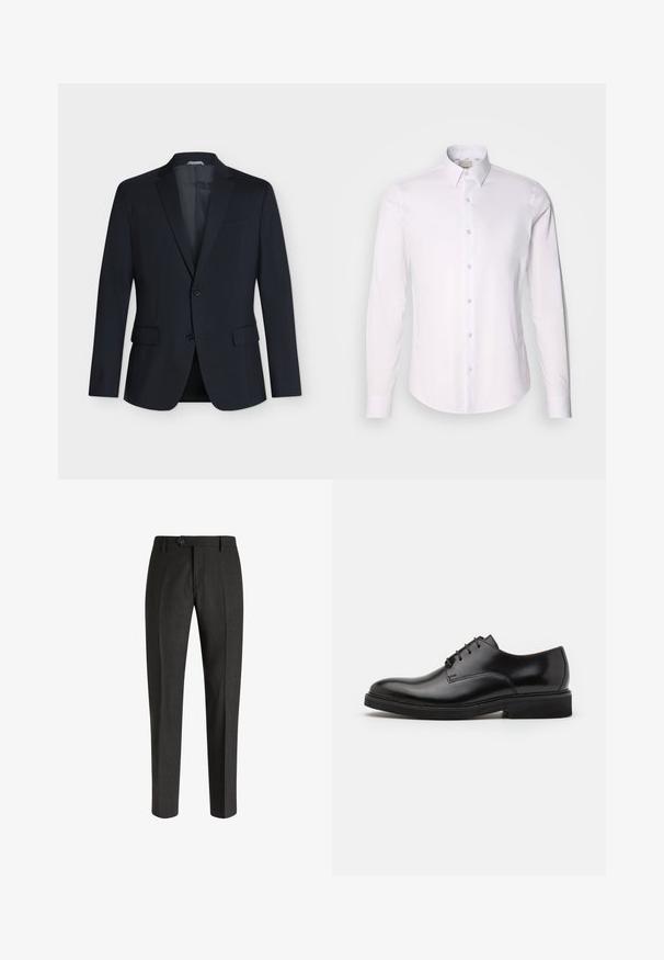 Sort enkeltradet blazer med to knapper, hakkede reverser, klaplommer og brystlomme, vist på en ensfarvet lys baggrund.; Hvid langærmet skjorte lavet af glat stof med skjortekrave, der har fuld knaplukning og afrundet nederste kant.; Boggi Milano Chino - charcoal; Sorte læder habitussko med rund tå, fem snørrehuller, en glat overflade og en lav gummisål.