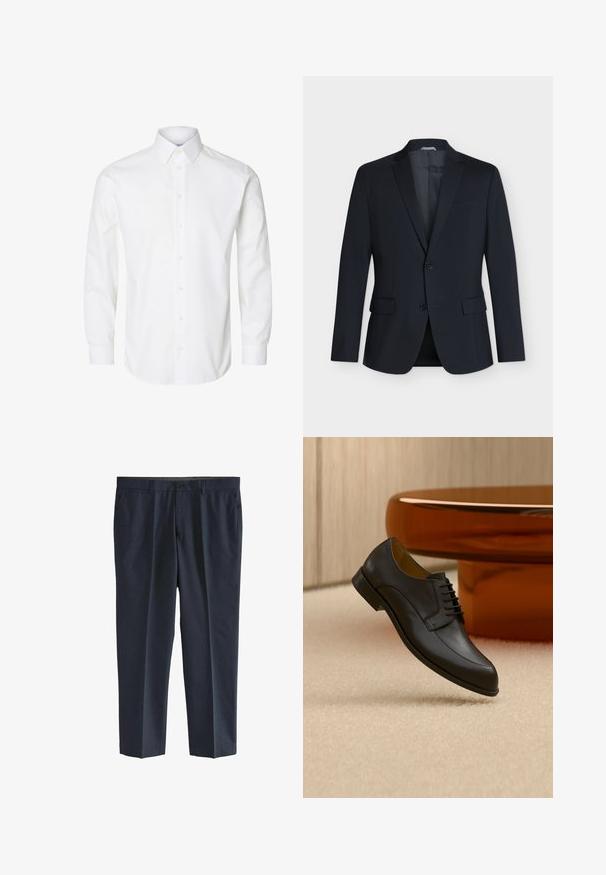Sort enkeltradet blazer med to knapper, hakkede reverser, klaplommer og brystlomme, vist på en ensfarvet lys baggrund.; Hvid skjorte med lange ærmer, knapper foran, spids krave og knappede manchetter.; Mørkeblå bukser i tekstureret stof. Har lige snit, glat front og to sidelommer. Lukkes med en enkelt knap i taljen.; Sort læder snøresko, der svæver over beige tæppe med et rundt orange bord i baggrunden.