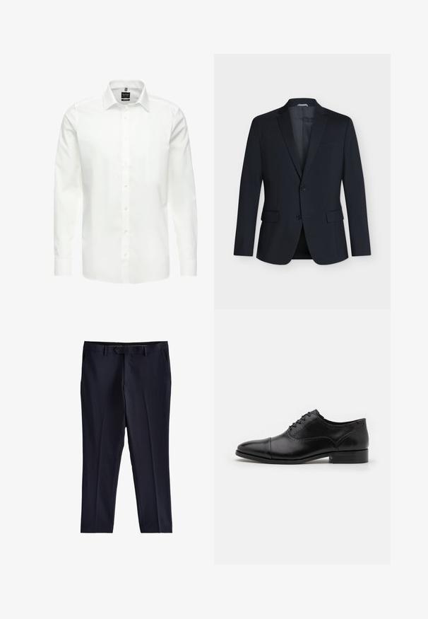 Schwarzer einreihiger Blazer mit zwei Knöpfen, Kerb-Revers, Pattentaschen und Brusttasche, gezeigt auf schlichtem hellem Hintergrund.; Weißes Langarmhemd, knöpfbarer Ausschnitt, klassischer Kragen, glattes Baumwollgewebe, leicht, mit dezenten Nähten und ohne Muster.; Marineblaue formelle Hose mit vorderem Knopf- und Reißverschluss, Gürtelschlaufen und Seitentaschen, flach auf weißem Hintergrund dargestellt.; ALDO ABAWIENFLEX - Schnürer - other black