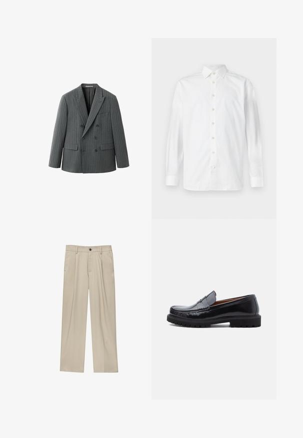 Blazer gris foncé croisé avec fines rayures blanches, revers crantés, deux poches avant à rabat et une poche poitrine passepoilée, présenté sur fond blanc.; Chemise blanche à manches longues avec boutons, col à l'italienne et poignets boutonnés, présentée sur un fond blanc uni.; Pantalon beige à coupe droite, doté d'un seul bouton noir, de passants de ceinture et de poches latérales. Texture de tissu lisse et design minimaliste.; Mocassin penny en cuir noir avec semelle en caoutchouc épaisse et couture moc toe, montré de profil sur un fond blanc.