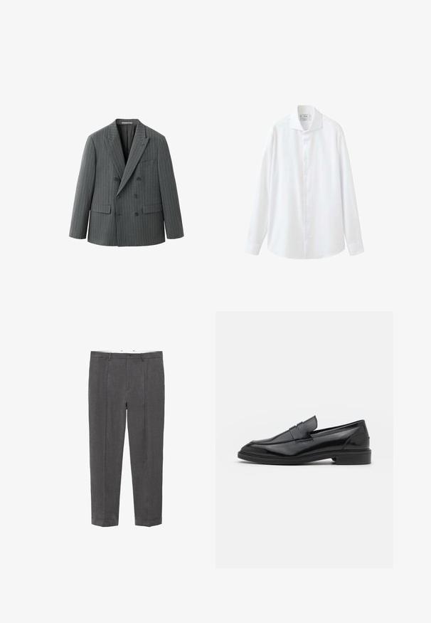 Donkergrijze dubbelgeknoopte blazer met dunne witte krijtstrepen, notched revers, twee voorzakken met kleppen en een borstzak, getoond op een witte achtergrond.; Wit overhemd met lange mouwen en knopen, met een puntige kraag en manchetten, afgebeeld op een witte achtergrond.; Donkergrijze op maat gemaakte broeken met riemlussen, knoopsluiting, voorplooien en omgeslagen broekspijpen, plat uitgestald tegen een witte achtergrond.; Zwarte leren instappers met een gladde afwerking, voorzien van een ronde neus en een smalle band over de bovenkant. Lage gestapelde hak.