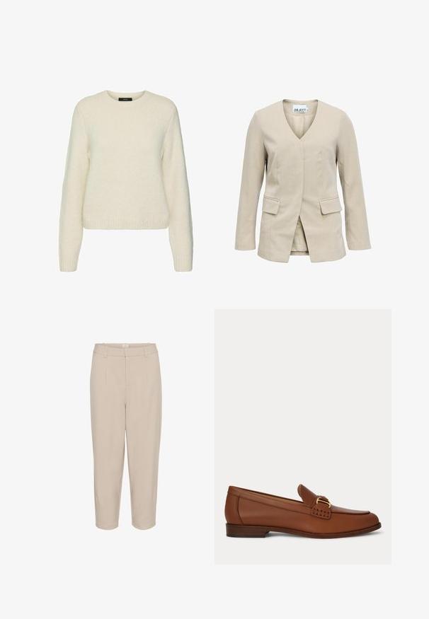 Beige kvindeblazer med lange ærmer, V-halsudskæring, forlommelommer med klap og ingen synlige knapper, vist på hvid baggrund.; Hvid strikket sweater med rund halsudskæring, lange ærmer og ribbede manchetter og kant. Blød tekstur og afslappet pasform.; Beige forkortede bukser med en glat tekstur, frontfald, to sidelommer og en taljehøjde. Lige ben design med skræddersyet finish.; Brun læder loafer med guldfarvet spænde og lavt træhæl, vist fra siden på en ensfarvet baggrund.