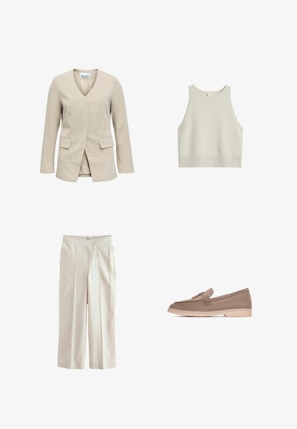 Beige kvindeblazer med lange ærmer, V-halsudskæring, forlommelommer med klap og ingen synlige knapper, vist på hvid baggrund.; Lysebeige cropped tanktop lavet af blødt materiale. Har rund hals, brede ærmegab og ribbet kant.; Next ASYMETRIC WAITBAND TAILORED WIDE LEG - Bukser - neutral; Brune læder loafer med en glat tekstur, der har et dekorativt bånd og guldfarvet hardware, hviler på en lys beige gummisål.