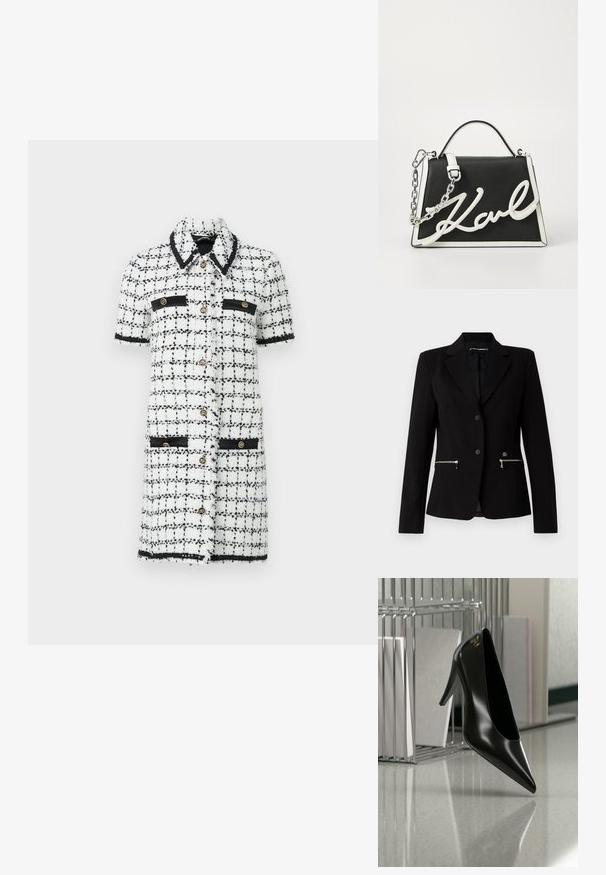 Schwarzer taillierter Blazer mit einem Ein-Knopf-Verschluss, silbernen Reißverschlusstaschen und einem eleganten Design. Hergestellt aus einem glatten, robusten Stoff.; Weißes und schwarzes kariertes Kleid aus strukturiertem Stoff, mit kurzen Ärmeln, goldenen Knöpfen und schwarzen Akzenten an Taschen und Kragen.; Schwarzer High-Heel-Schuh mit spitzer Zehe und goldem Logo, auf einer reflektierenden Oberfläche nahe einem verchromten Draht-Organizer mit Dokumenten positioniert.; Schwarze Ledertasche mit weißen Akzenten. Verfügt über einen Kettenriemen, eine strukturierte Form und ein auffälliges weißes Logo-Detail. Glatte Textur.