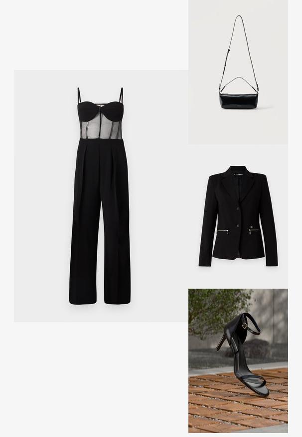 Sort skræddersyet blazer med en enkelt-knap lukning, sølvfarvede lynlåslommer og et elegant design. Lavet af et glat, holdbart stof.; Sort jumpsuit med en tætsiddende mesh overdel med underwire kopper og vide ben. Detaljer inkluderer lynlås foran og plisseringer.; Sort højhælet sandal med ankelsnor, der ser ud til at svæve over et trægulv udendørs med sløret grønt og sten i baggrunden.; Sort rektangulær læder crossbody-taske med justerbar skulderrem, top lynlås og lille gyldent Calvin Klein-logo foran.